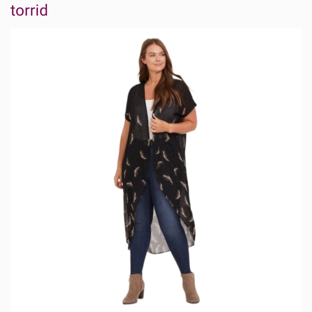 Torrid Black Kimono with Feather Design